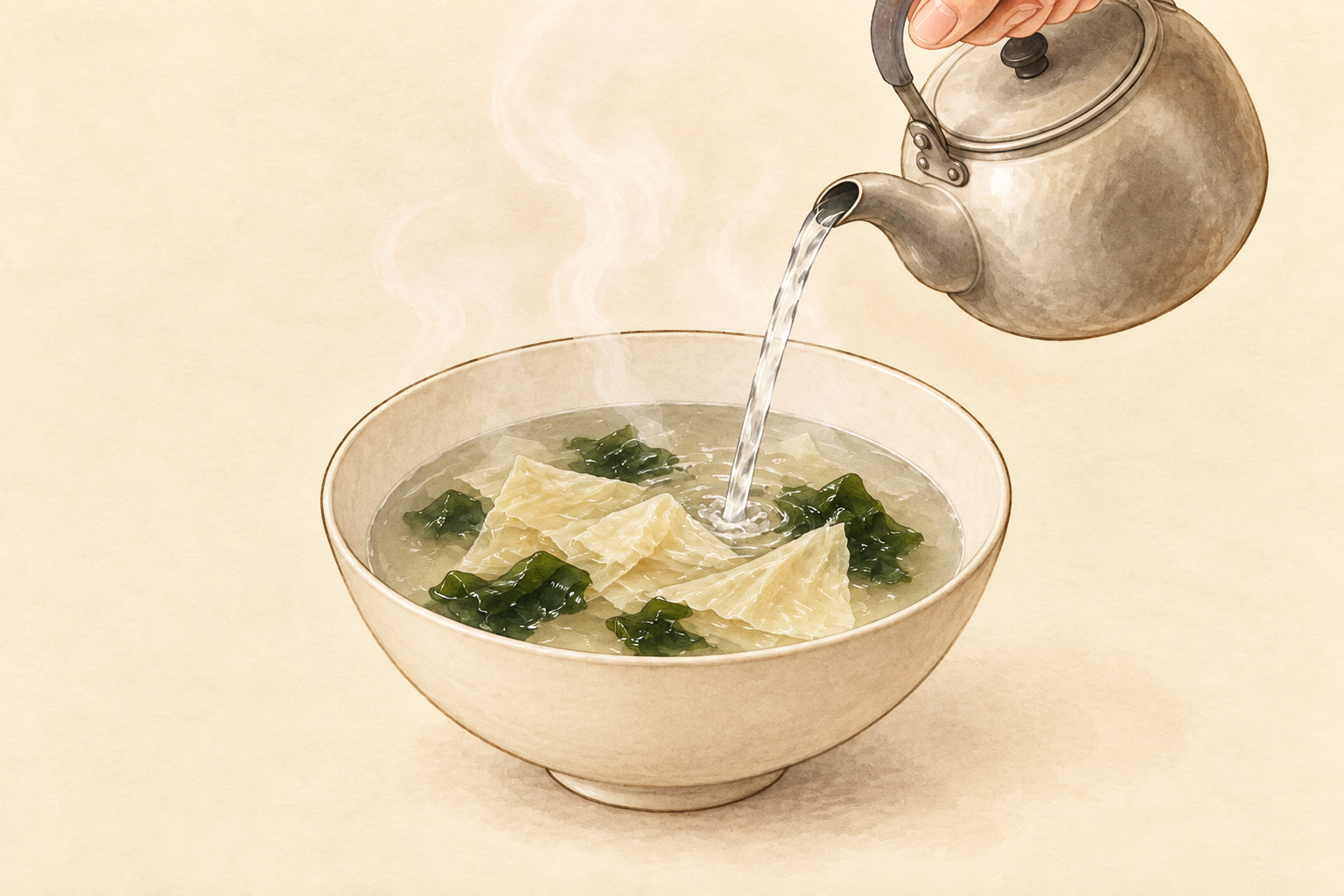 具材の入ったお椀にお湯を注ぐ