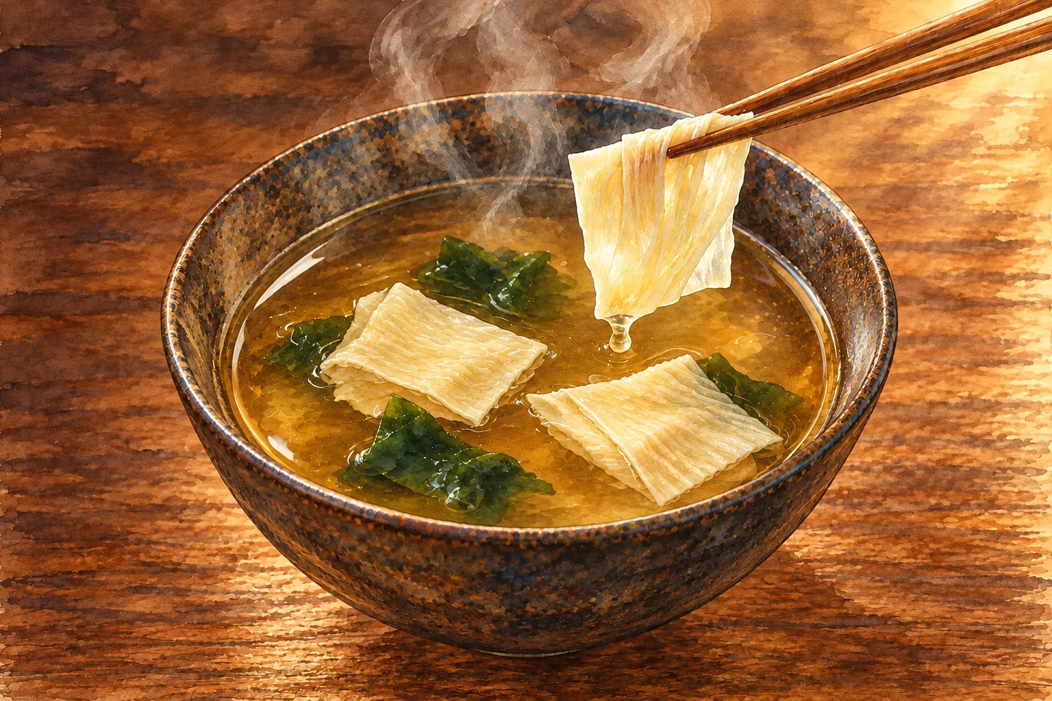 温かな南部ゆばのスープの水彩イメージ
